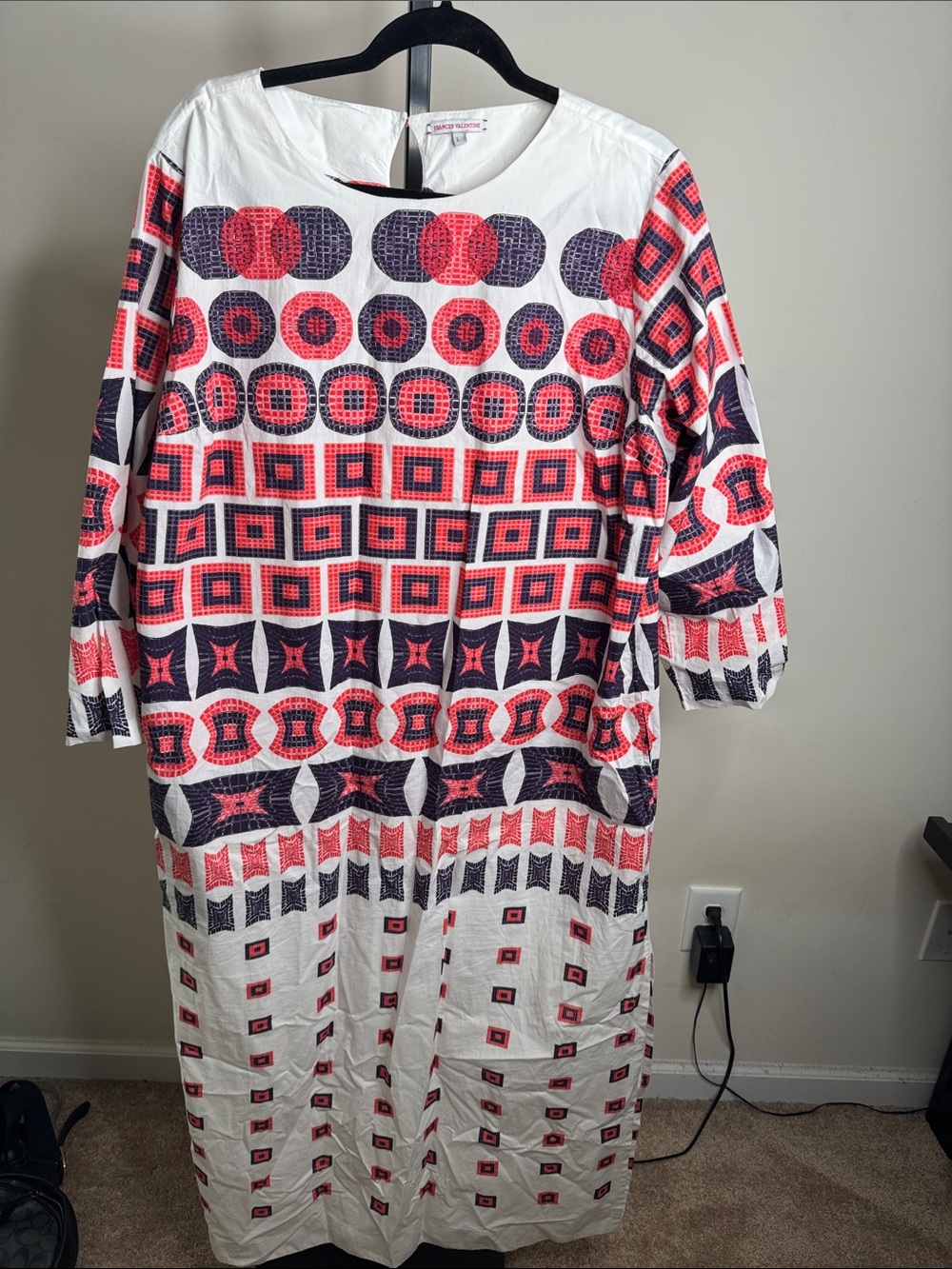 Frances Valentine White Maxi Dress with Red & Navy Geometric Print